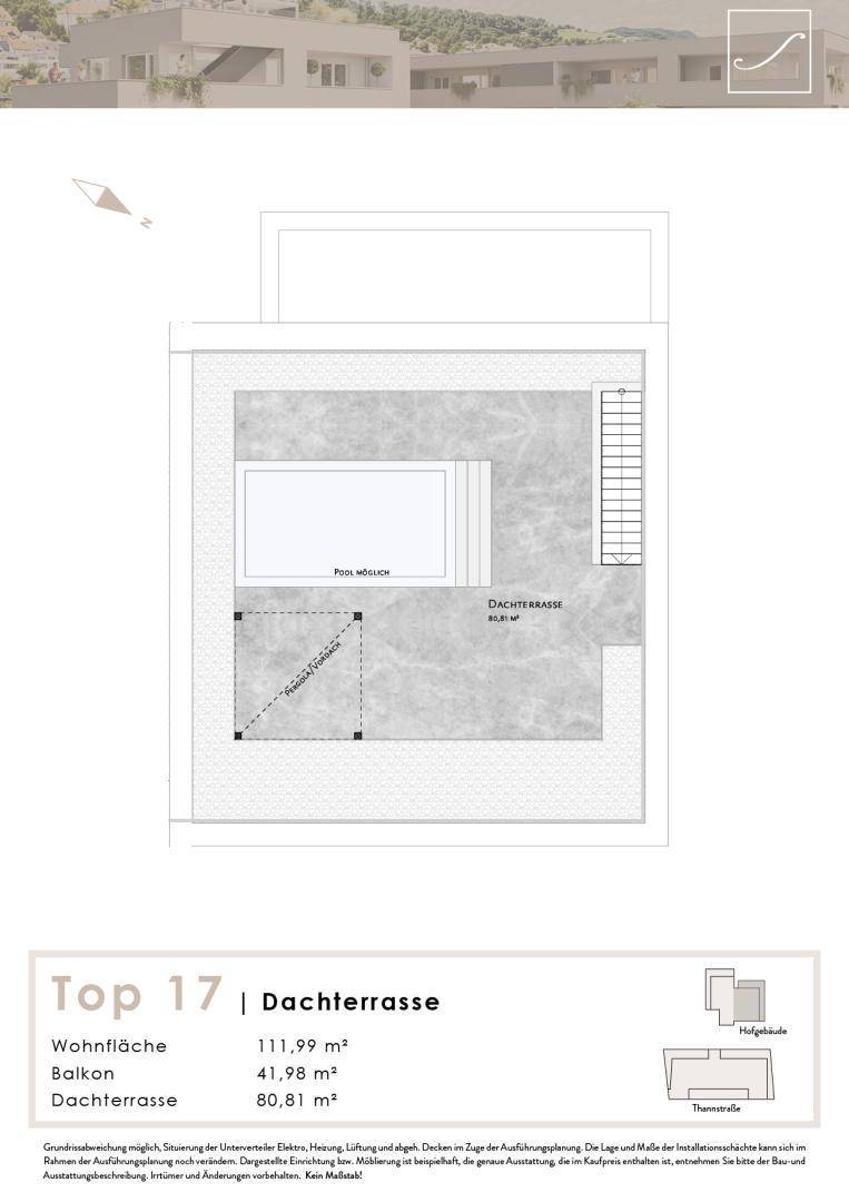 Grundriss der Dachterrasse mit optionalem Poolbereich und Treppenzugang.