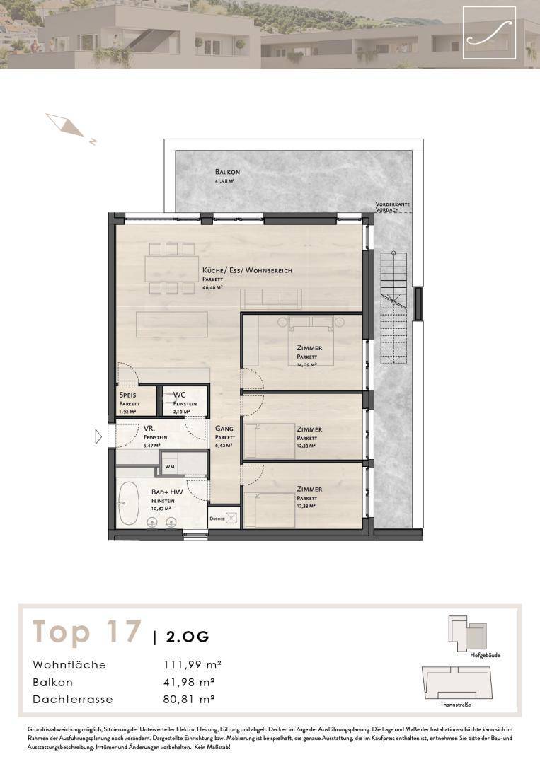 Grundriss einer Wohnung mit offenem Wohnbereich, drei Zimmern und Balkon.