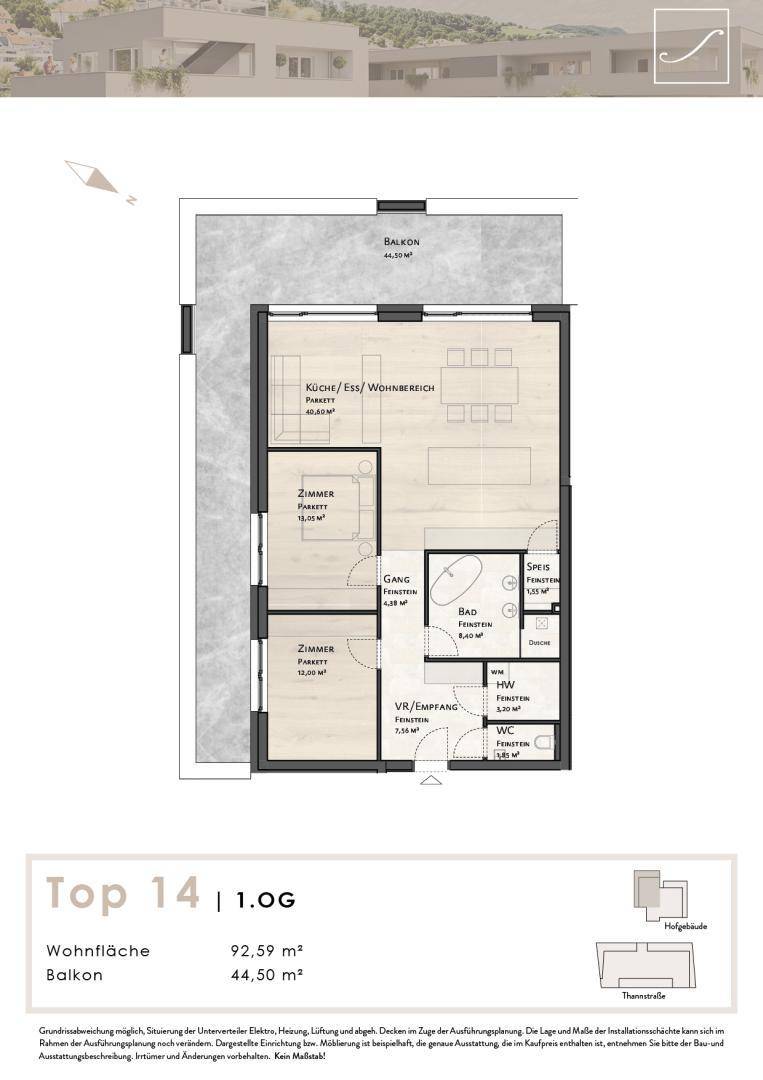 Detaillierter Grundriss der Wohnung Top 14 mit Balkon und offenem Wohnbereich.