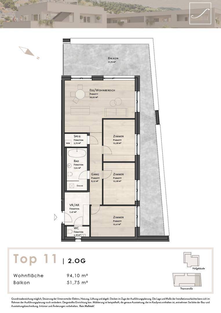 Grundriss einer Wohnung mit offenem Wohn-Essbereich, zwei Zimmern und großem Balkon.