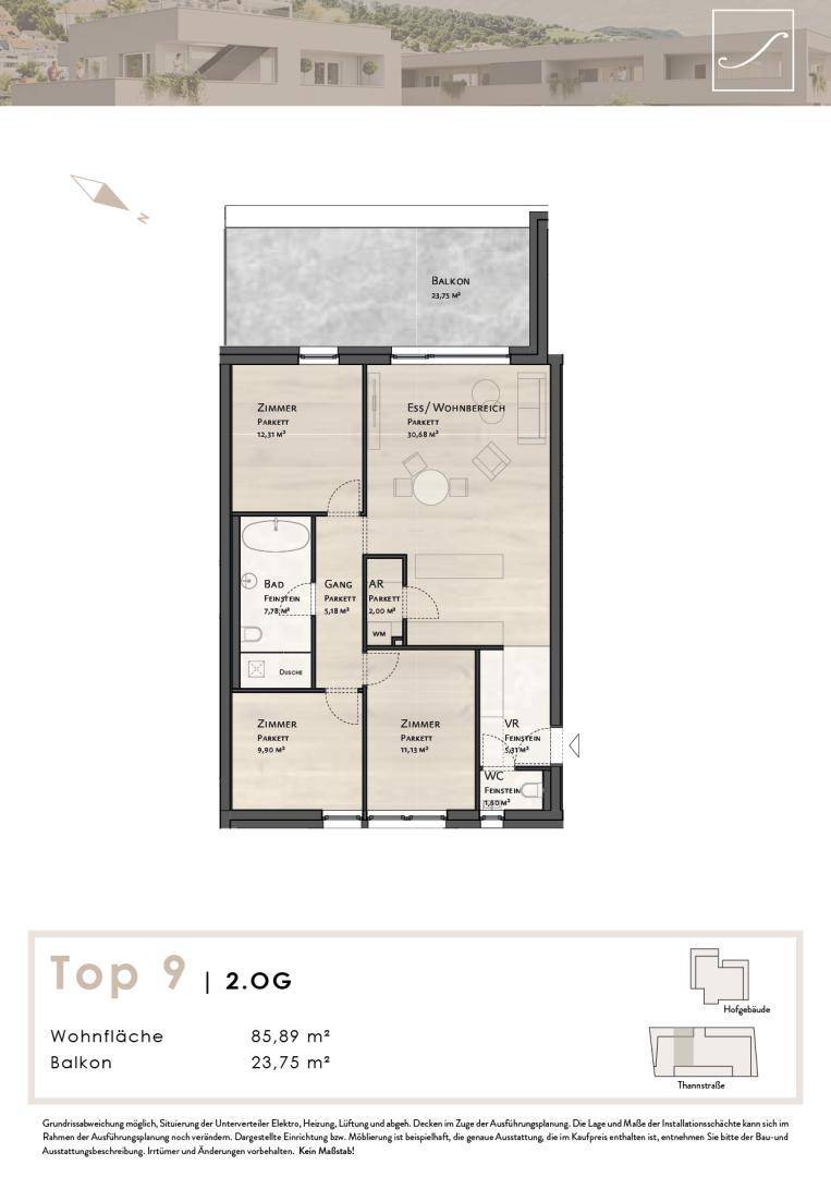 Grundriss einer Wohnung mit drei Zimmern, offenem Wohnbereich und Balkon.