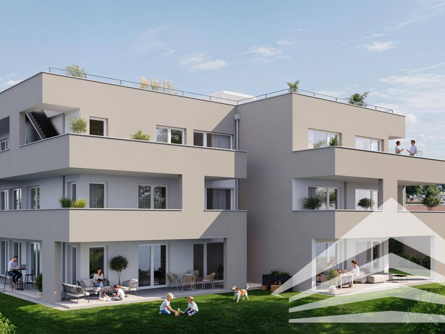 Moderne Wohnanlage mit großzügigen Balkonen, Terrassen und Gemeinschaftsgarten zum Entspannen.