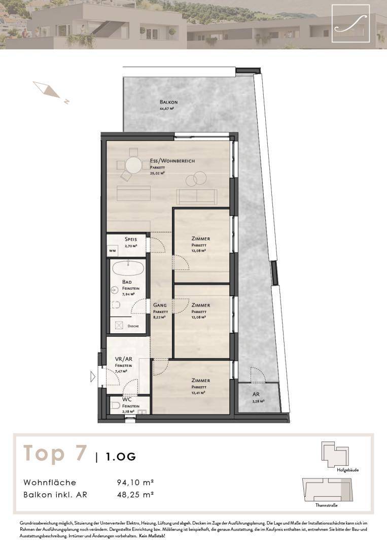 Detaillierter Grundriss einer Wohnung mit drei Zimmern, offenem Wohnbereich und großem Balkon.