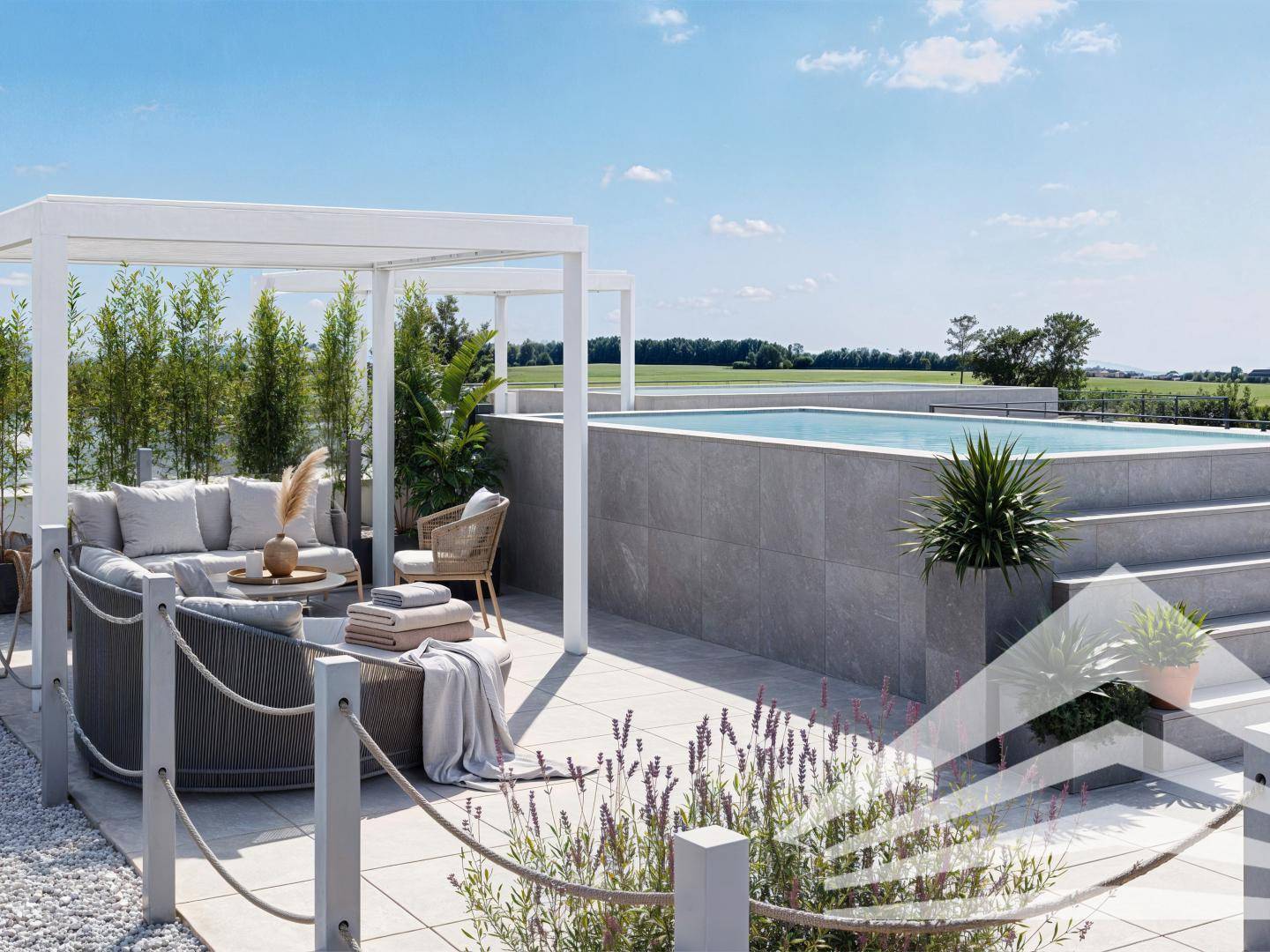 Großzügige Dachterrasse mit Pool, Lounge-Bereich unter einer Pergola und weitem Blick ins Grüne.