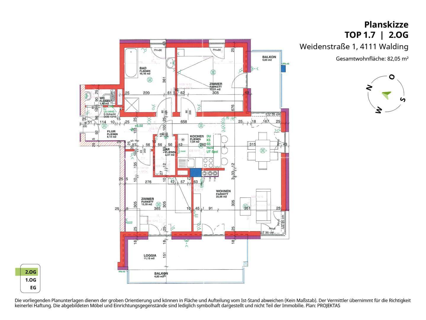 Grundriss der Wohnung TOP 1.7 im 2. Obergeschoss mit Balkon und Loggia, Gesamtfläche 82,05 m².
