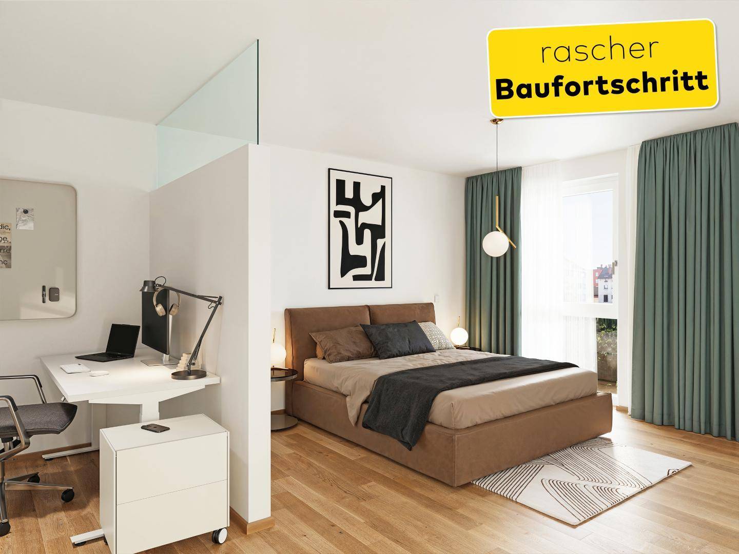 Modernes Schlafzimmer mit Doppelbett und integriertem Arbeitsbereich, getrennt durch eine Glaswand.