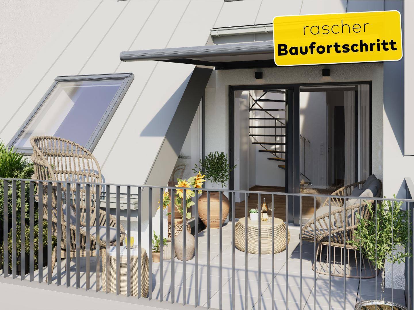 Gemütlicher Balkon mit Rattanmöbeln, Pflanzen und Blick auf die Umgebung, ideal zum Entspannen.