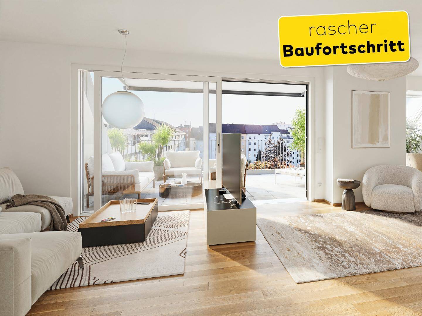 Helles Wohnzimmer mit Holzboden, modernen Möbeln und Zugang zu einer großen Terrasse.