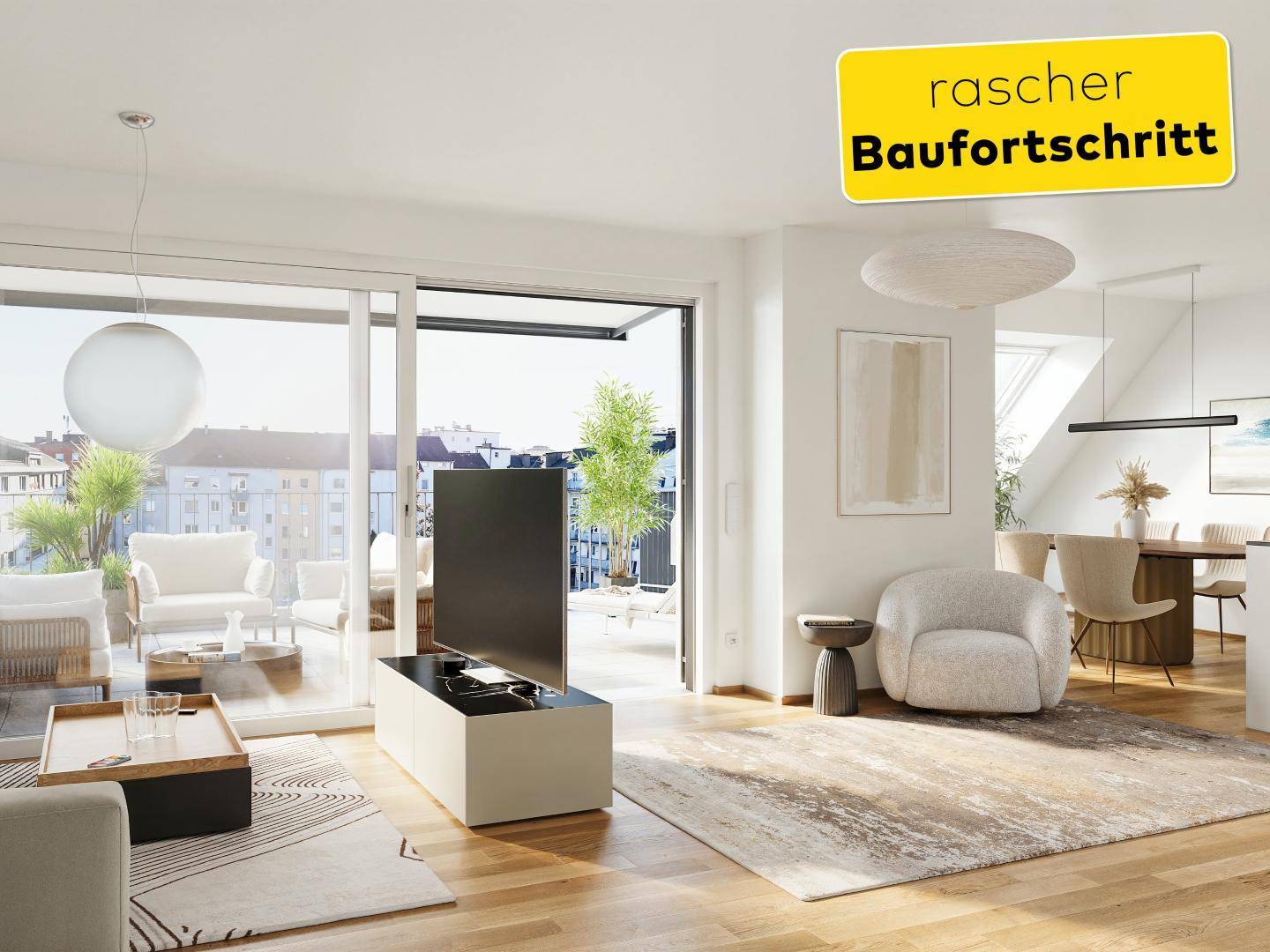 Heller, offener Wohn-Essbereich mit Holzboden, Zugang zum Balkon und moderner Einrichtung.