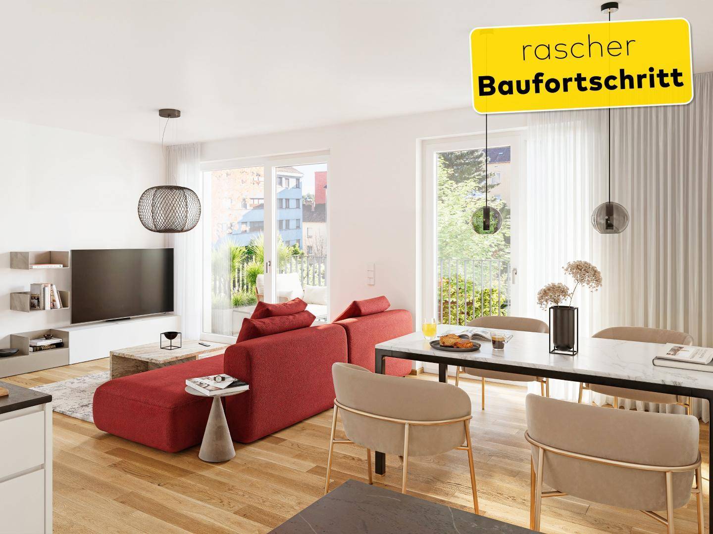 Heller offener Wohn-Essbereich mit rotem Sofa, modernem Esstisch und Zugang zu einem Balkon.