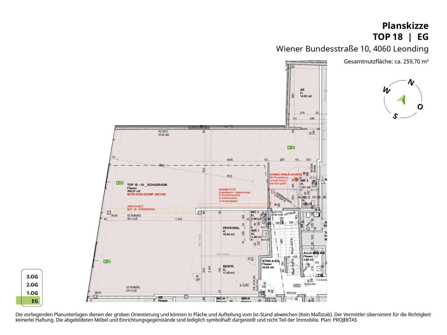 Detaillierter Grundriss des Erdgeschosses mit Raumaufteilung und Gesamtfläche von 259,70 m².