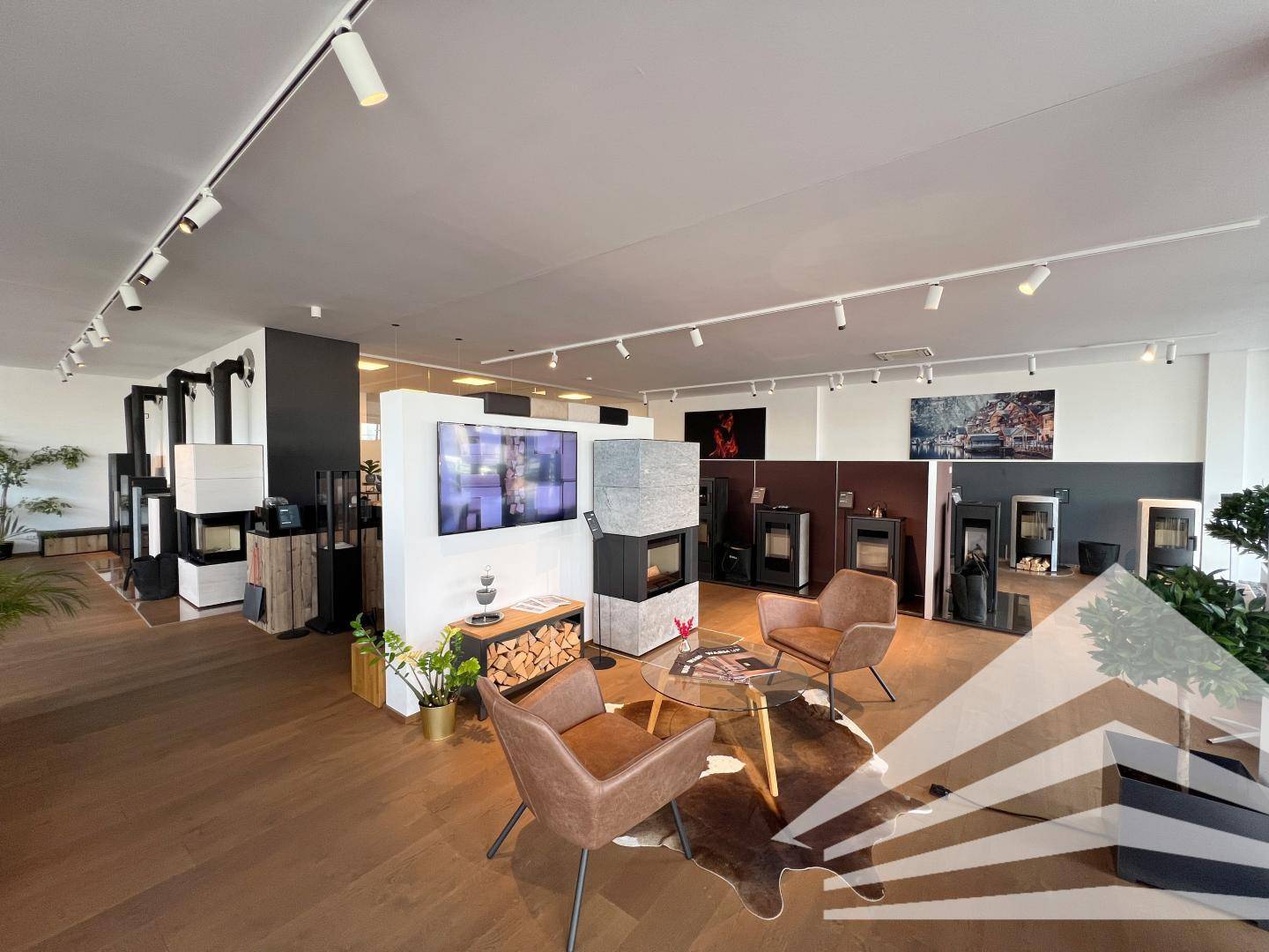 Geräumiger Ausstellungsraum mit verschiedenen Kaminöfen, einem Fernseher und gemütlichen Sitzgelegenheiten.