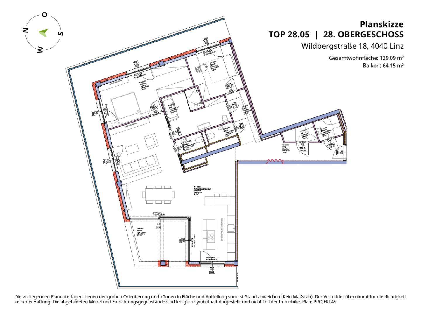 Grundriss der Wohnung mit mehreren Zimmern, großem Balkon und klarer Raumaufteilung.