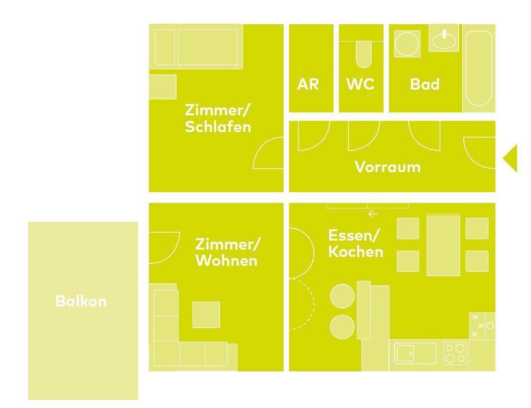 Grundriss der Wohnung mit Zimmern, Bad, WC, Vorraum, Essen/Kochen und Balkon.