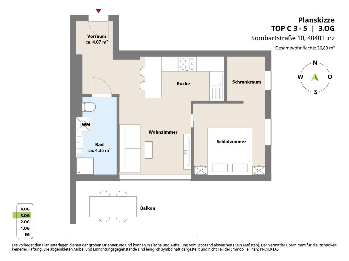 Grundriss der Wohnung TOP C 3-5 mit Balkon und separatem Schlafzimmer.
