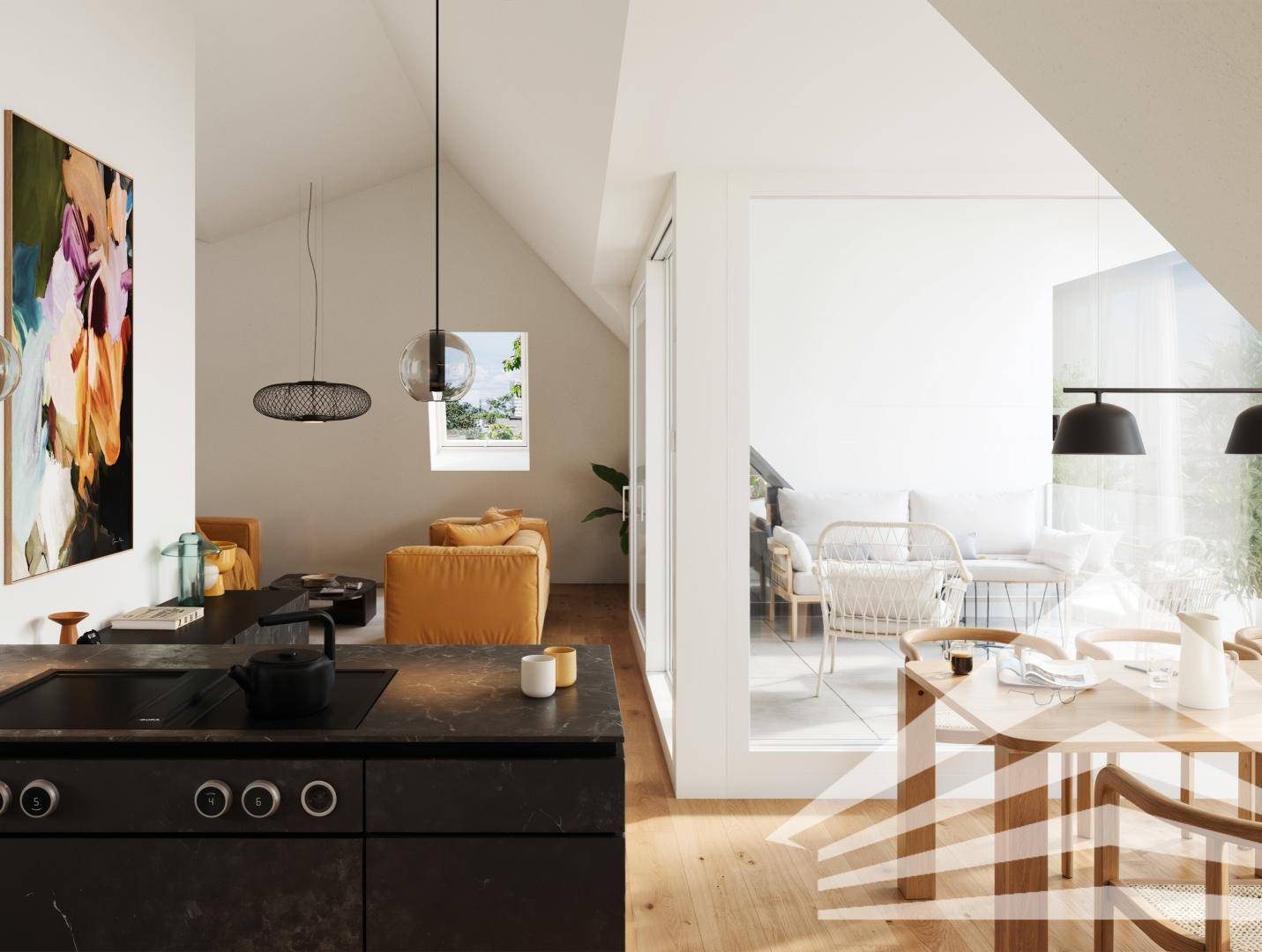 Offener Ess- und Küchenbereich mit Holzboden und Blick in den angrenzenden Wohnbereich.