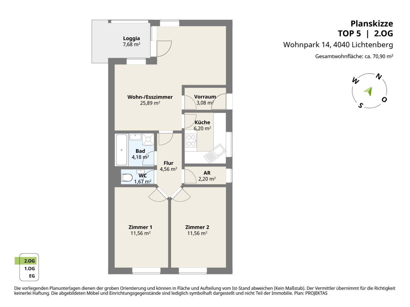 Grundriss der Wohnung mit Loggia, Wohn-Esszimmer und zwei Schlafzimmern.