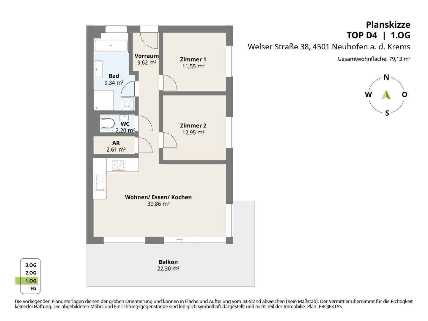 Grundriss der Wohnung mit 79,13 m² Wohnfläche, Balkon und drei Zimmern.