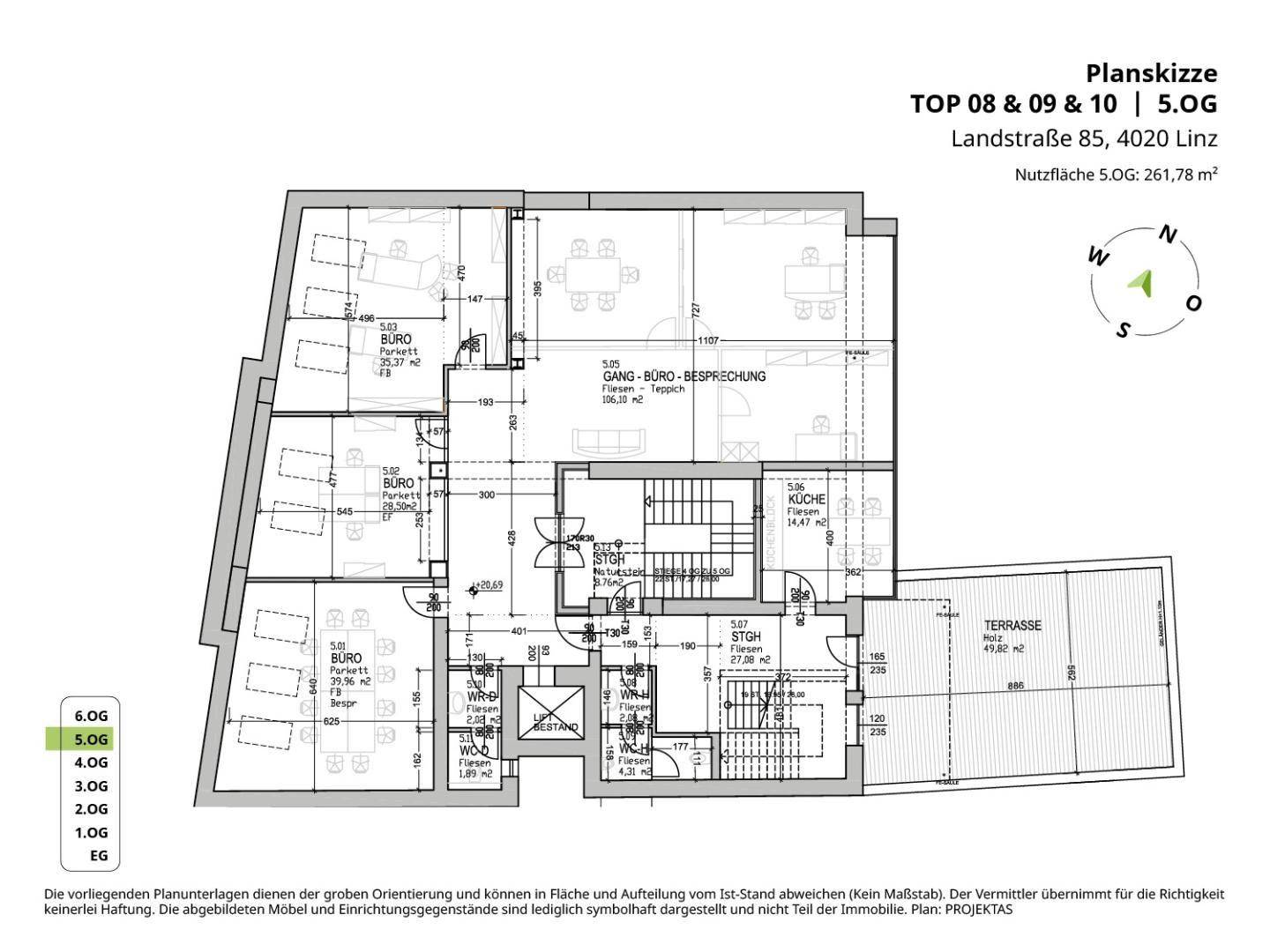Grundriss des 5. Obergeschosses mit Büros, Besprechungsraum, Küche und Terrasse.