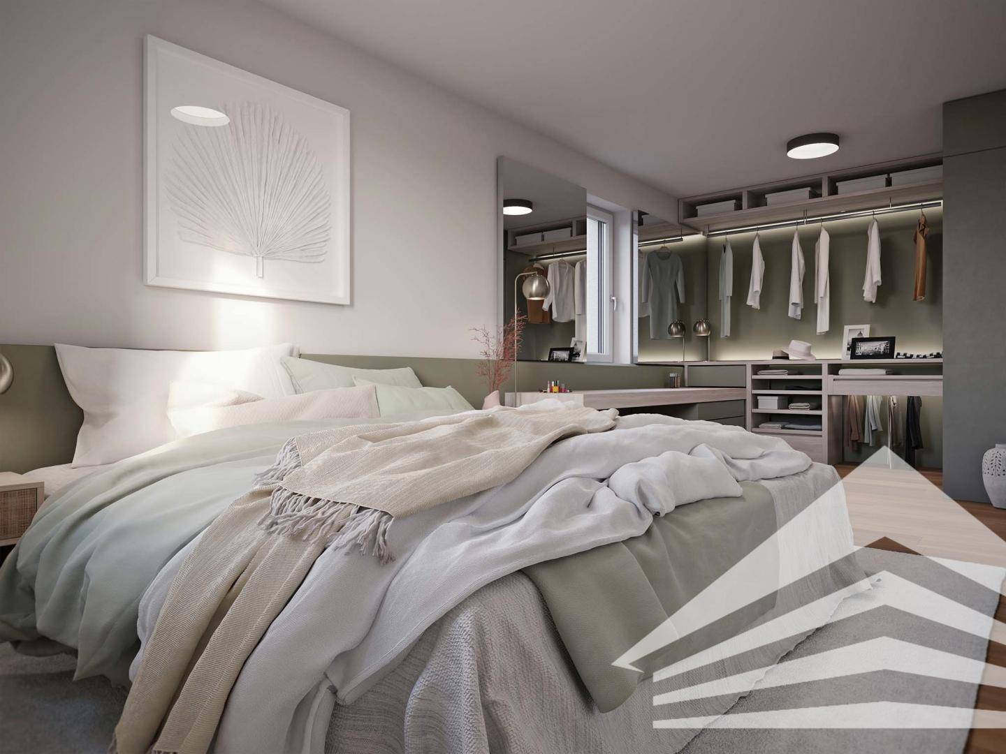Modernes Schlafzimmer mit großem Bett und integriertem, gut organisierten begehbarem Kleiderschrank.