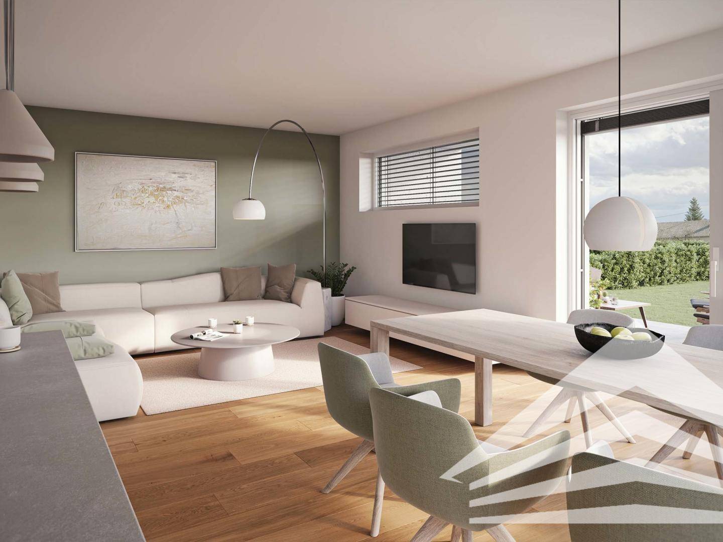 Helles Wohn-Esszimmer mit modernem Sofa, Esstisch und Zugang zum Gartenbereich.