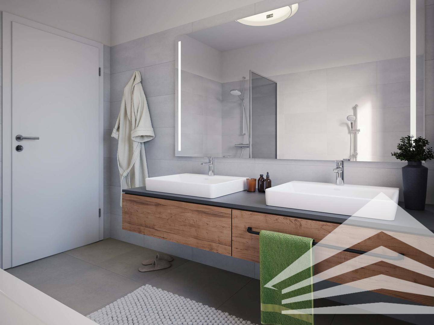 Modernes Badezimmer mit Doppelwaschbecken, großem Spiegel und begehbarer Dusche.