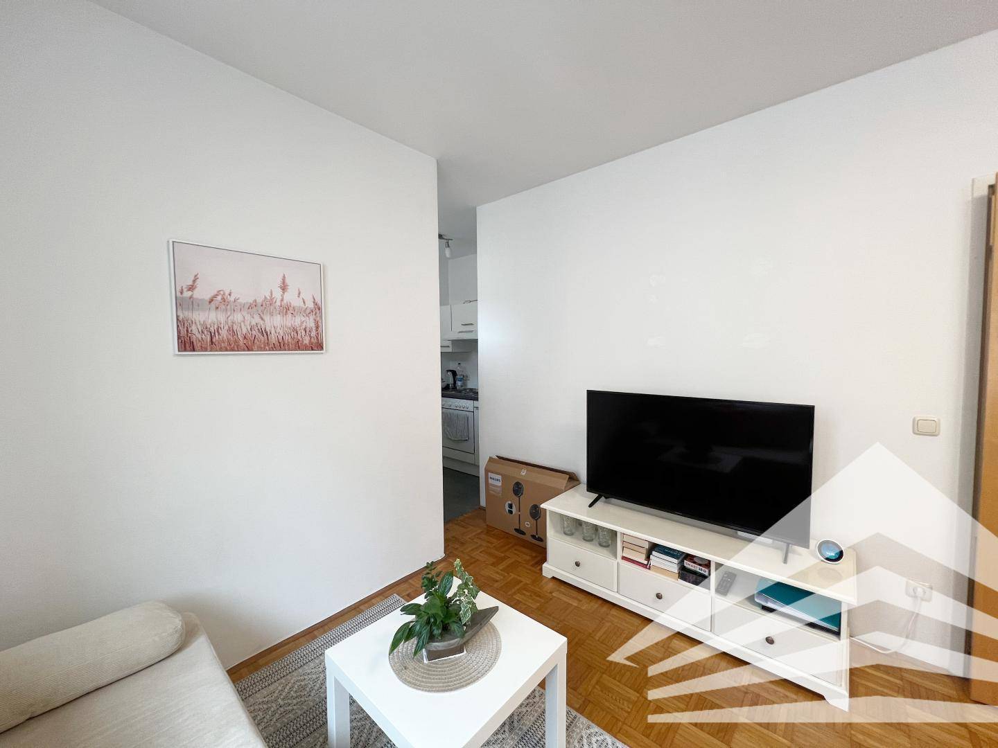 Wohnbereich mit Fernseher, Couchtisch und Blick auf die angrenzende Küchenzeile im Hintergrund.