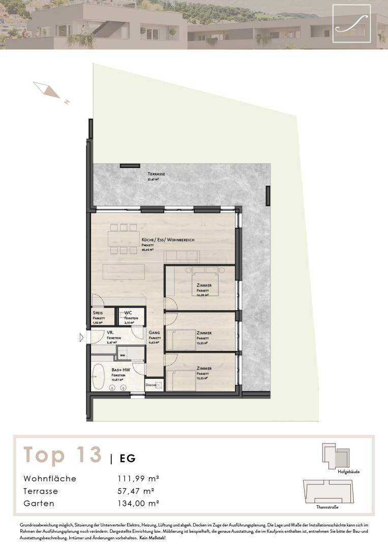 Grundriss der Wohnung Top 13 im Erdgeschoss mit offenem Wohnbereich, Terrasse und Garten.