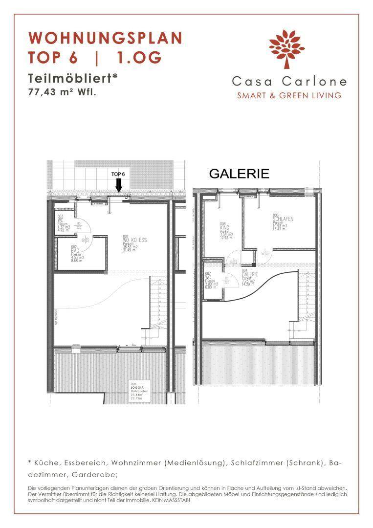 Grundrissplan der Wohnung Top 6 im ersten Obergeschoss mit zwei Ebenen und Loggia.