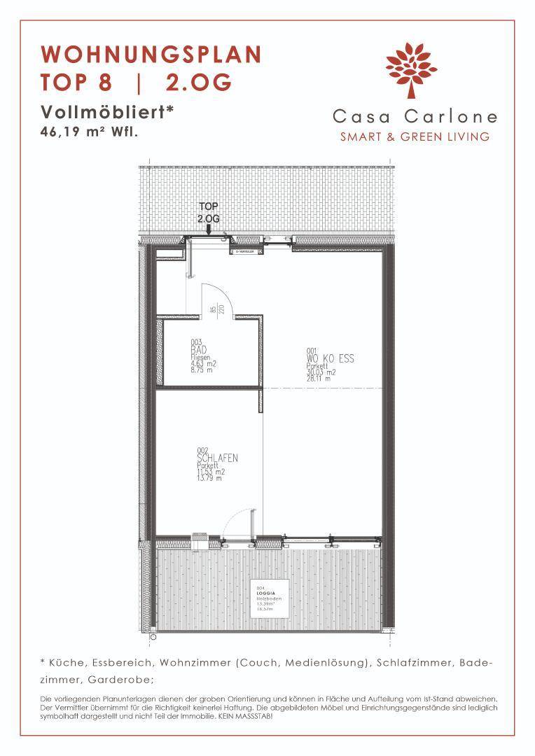 Grundriss der Wohnung Top 8 im 2. Obergeschoss mit 46,19 m² Wohnfläche.