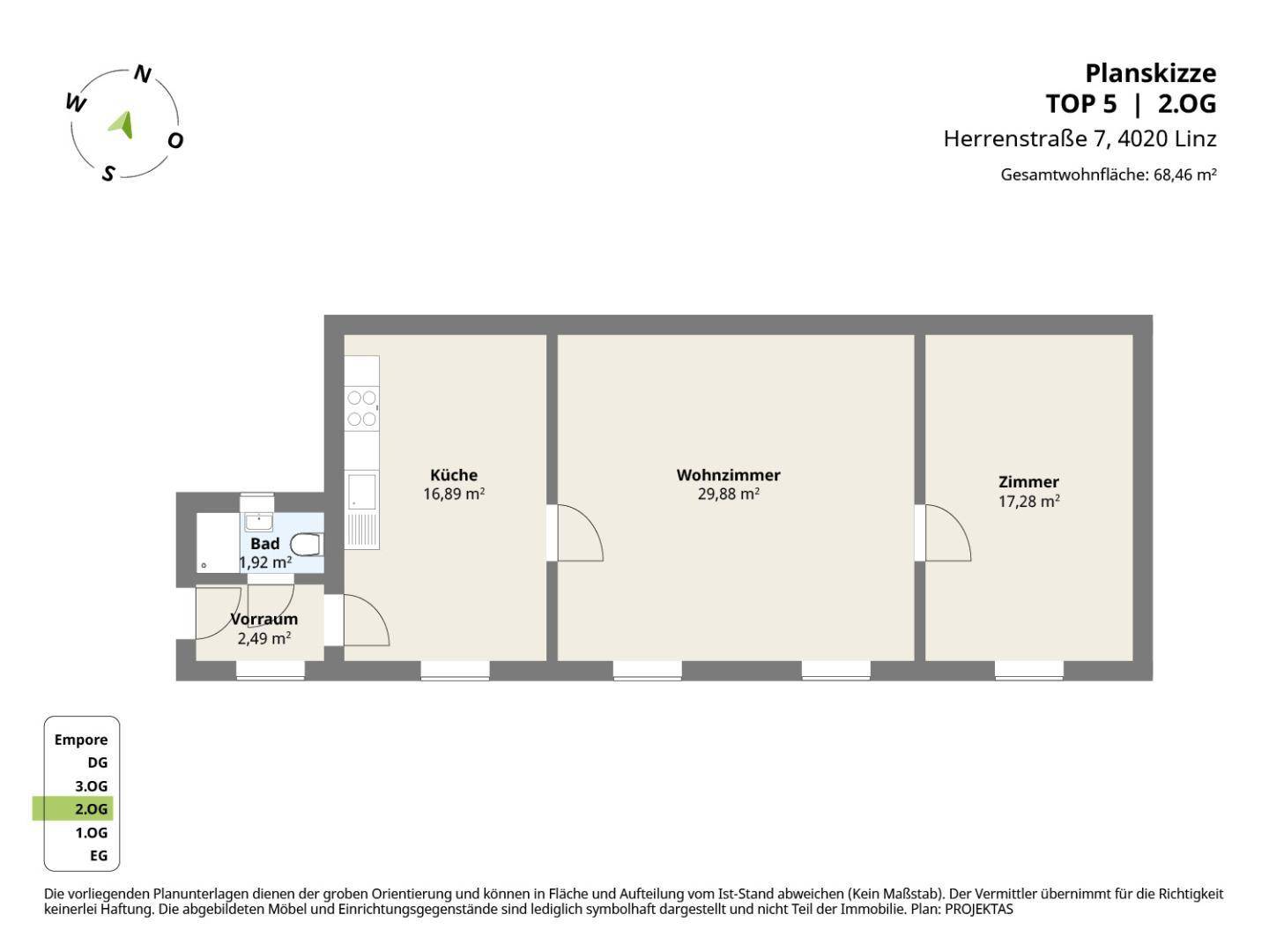 Grundriss der Wohnung mit Küche, Wohnzimmer und einem weiteren Zimmer.