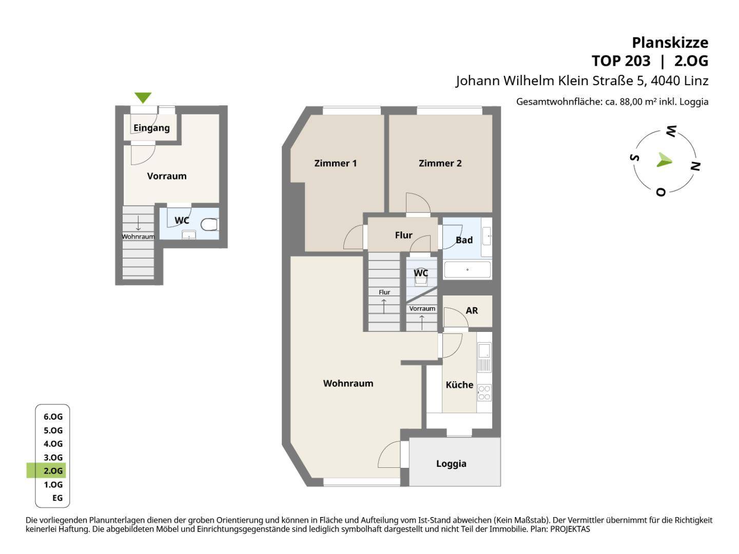 Grundriss der Wohnung TOP 203 im 2. Obergeschoss mit Loggia und zwei Zimmern.