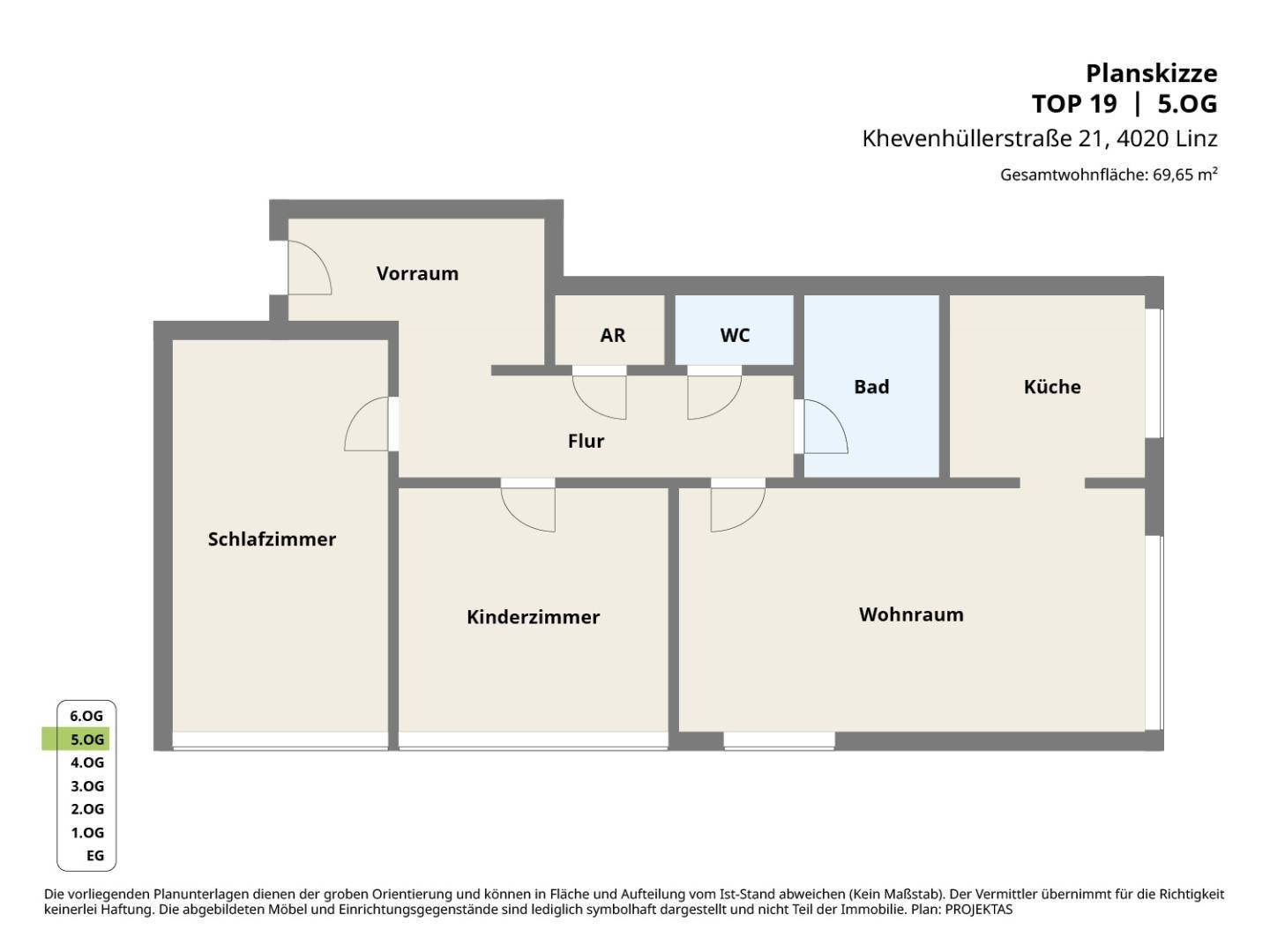 Grundriss der Wohnung mit Wohnraum, Küche, Schlafzimmer, Kinderzimmer und Bad.