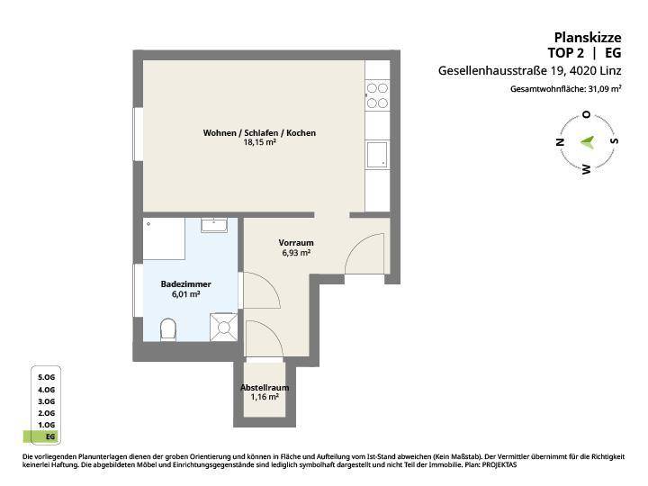 Grundriss der Wohnung mit kombiniertem Wohn-, Schlaf- und Kochbereich sowie separatem Bad.