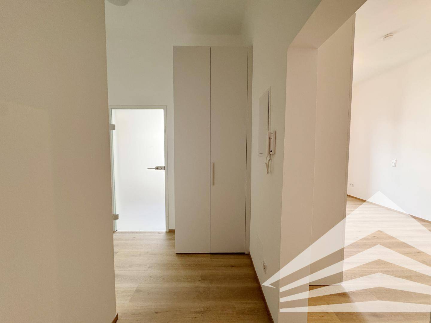 Eingangsbereich mit praktischem Einbauschrank, Gegensprechanlage und heller Laminatboden.