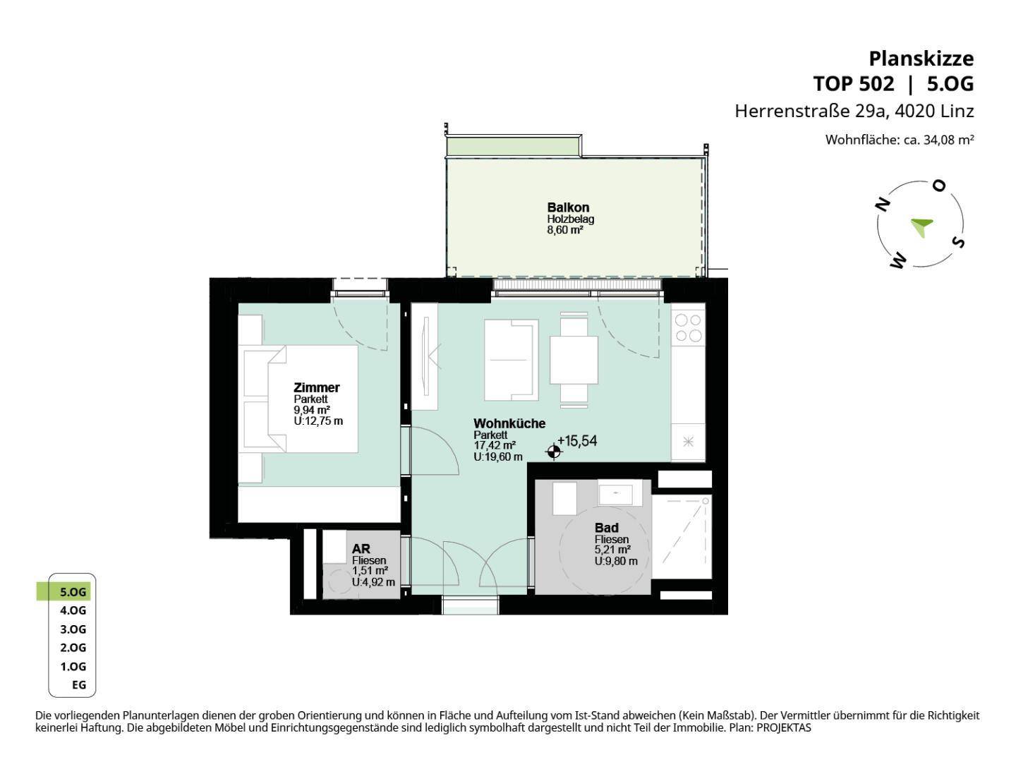 Grundriss der Wohnung TOP 502 im 5. Obergeschoss mit Balkon, Wohnküche und separatem Zimmer.
