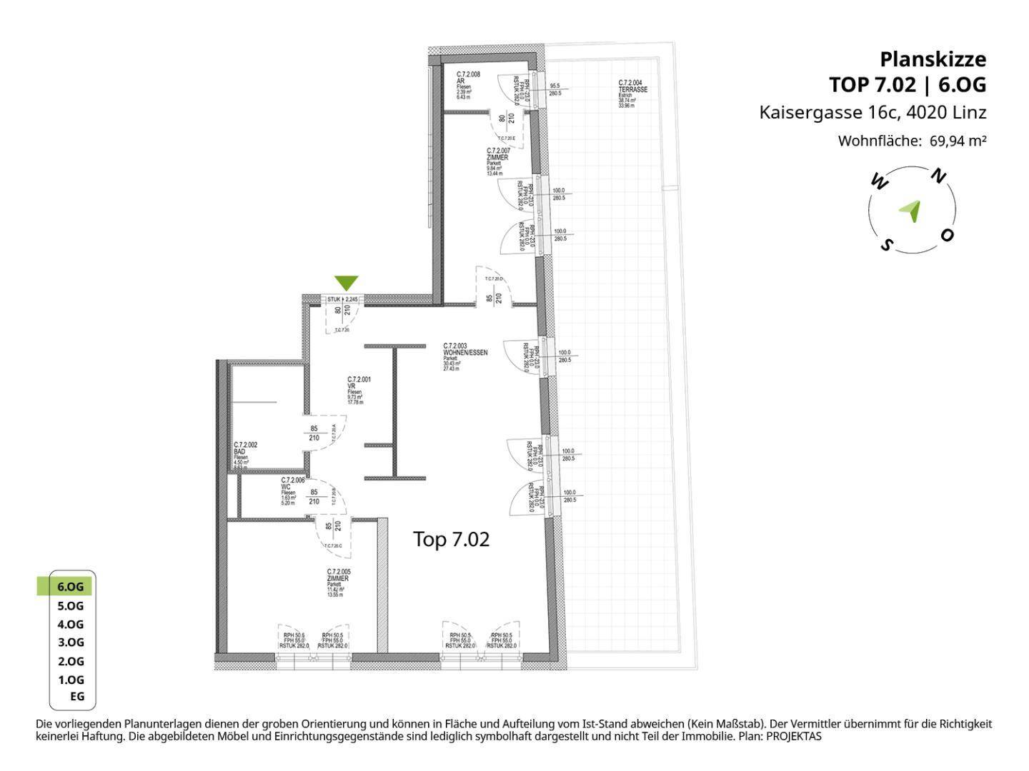 Grundriss der Wohnung Top 7.02 im 6. Obergeschoss mit einer Wohnfläche von 69,94 m².