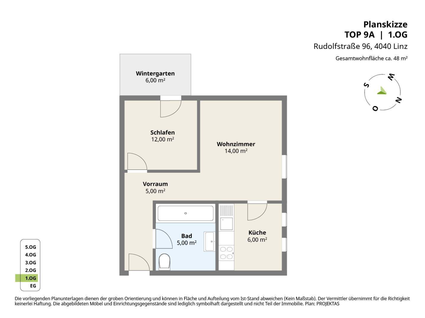 Grundriss der Wohnung mit Wintergarten, Schlafzimmer, Wohnzimmer, Bad und Küche.