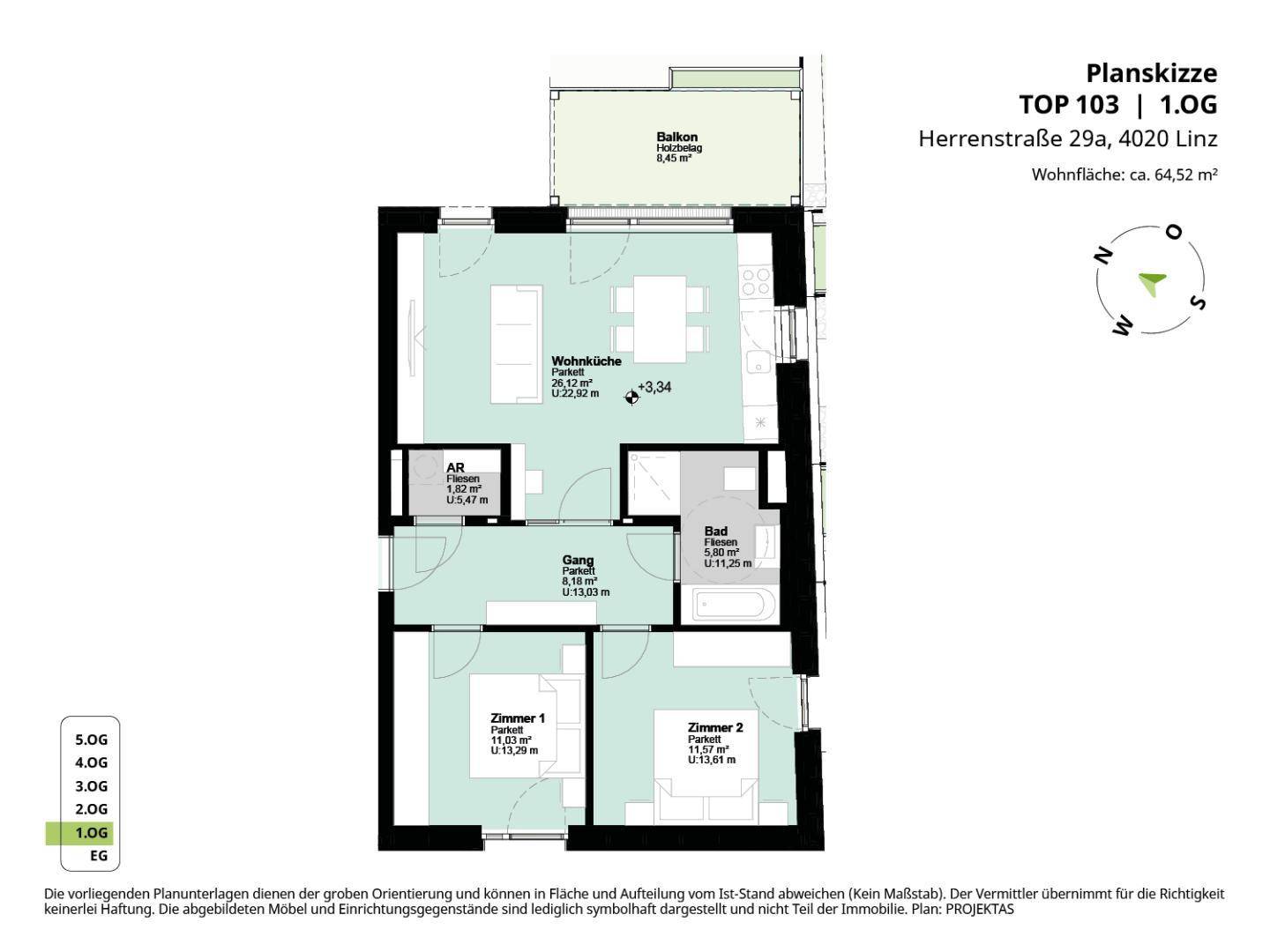 Grundriss der Wohnung TOP 103 mit Wohnküche, zwei Zimmern und Balkon.