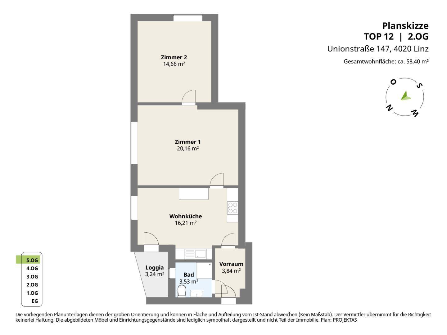 Grundriss der Wohnung mit zwei Zimmern, Wohnküche, Loggia und Bad.