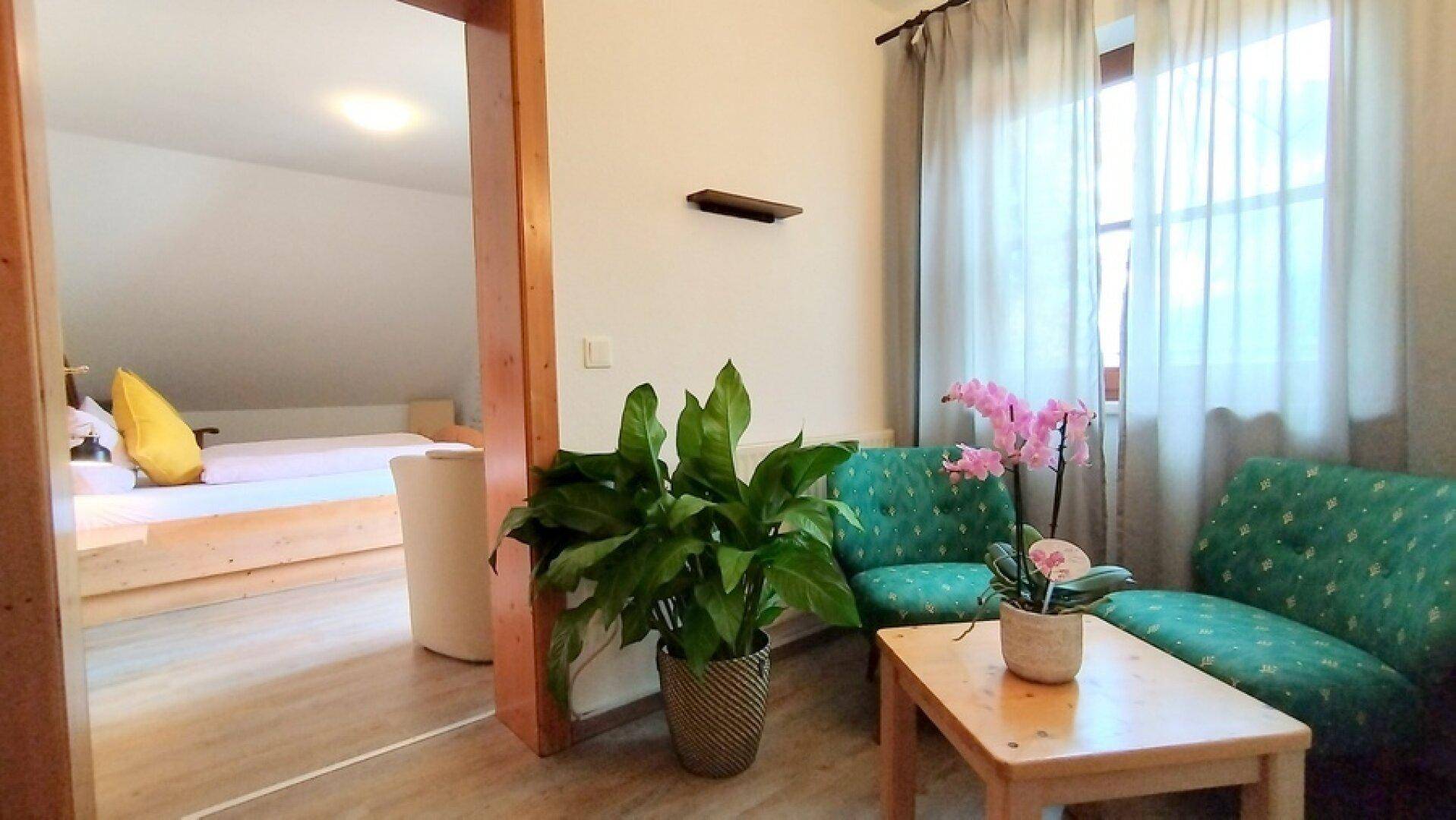 Wohnbereich mit bequemen grünen Sesseln, Holztisch und einer großen Zimmerpflanze, angrenzend an ein Schlafzimmer.
