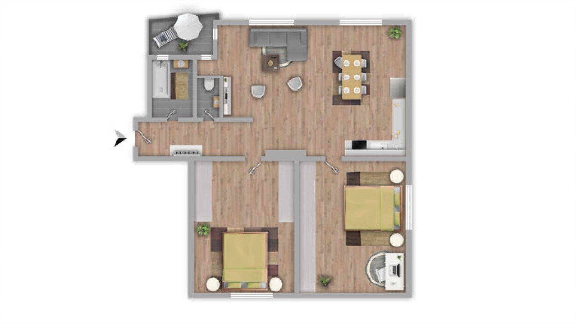 Detaillierter Grundriss der Wohnung mit zwei Schlafzimmern, offenem Wohnbereich und Balkon.