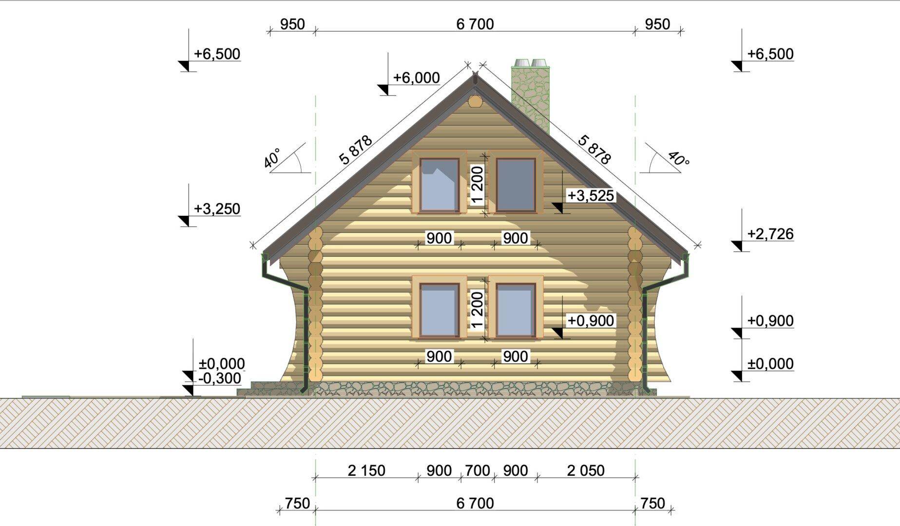 Seitenansicht des Blockhauses mit Fensteranordnung und Höhenangaben im Bauplan.
