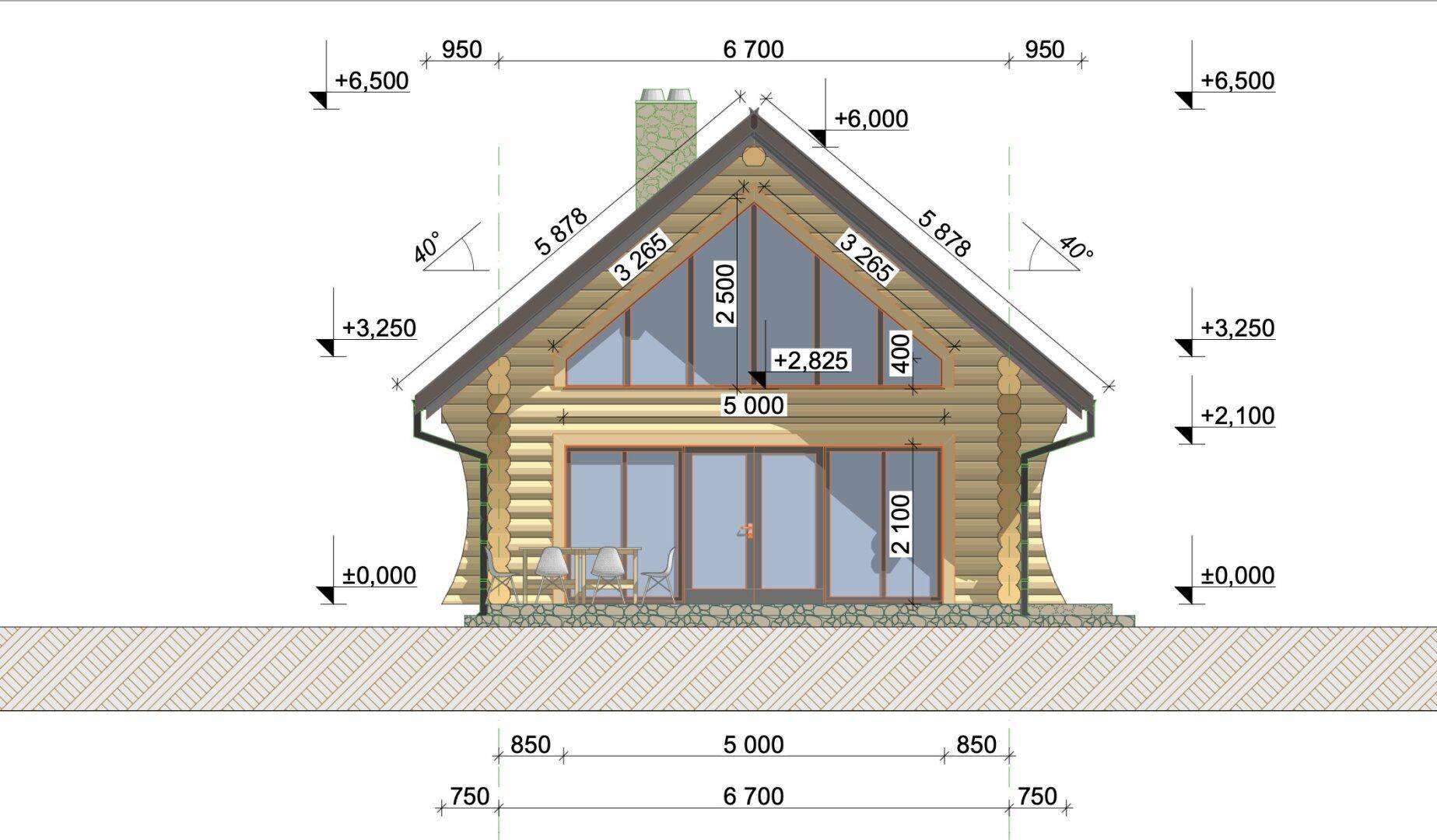 Architektonische Ansicht des Blockhauses von vorne mit detaillierten Maßen und Dachneigung.