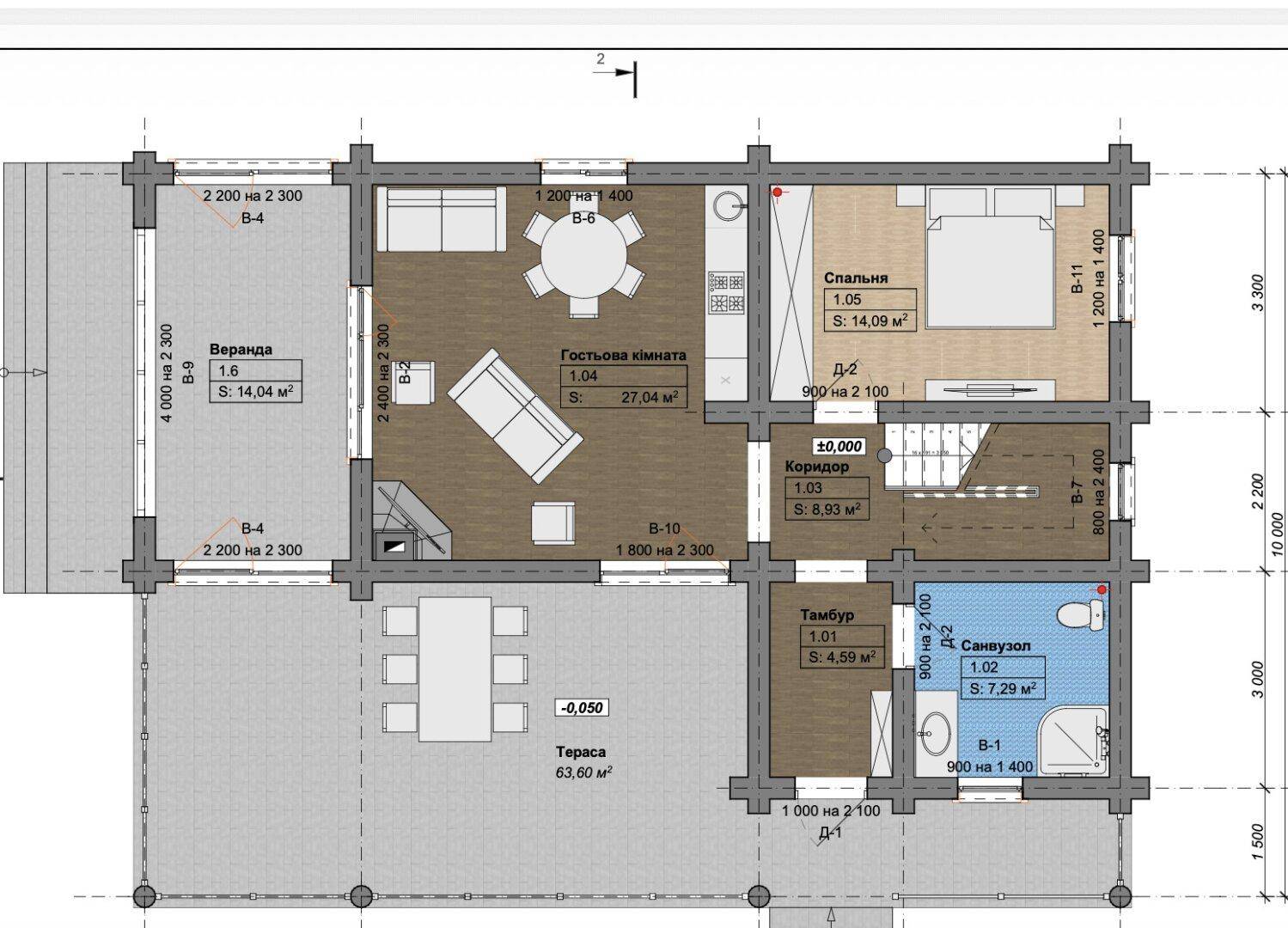 Grundriss des Erdgeschosses mit offener Wohnküche, Schlafzimmer, Bad und großer Terrasse.
