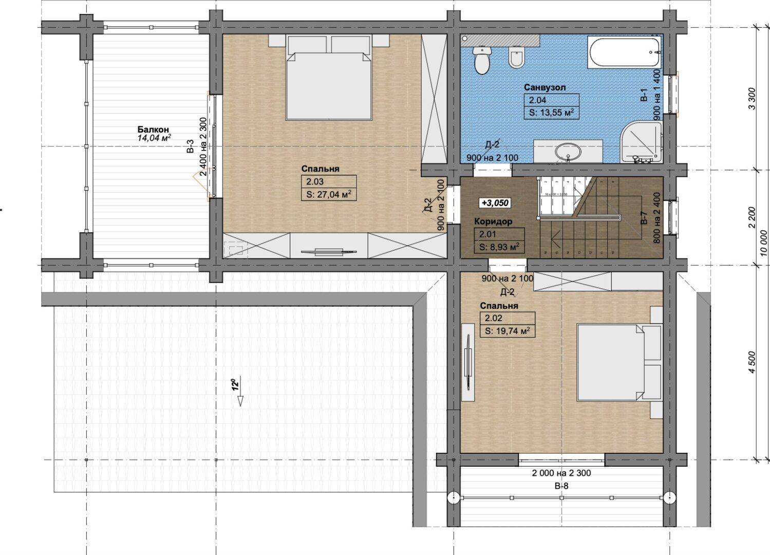Grundriss des Obergeschosses mit zwei Schlafzimmern, einem Badezimmer und Zugang zum Balkon.