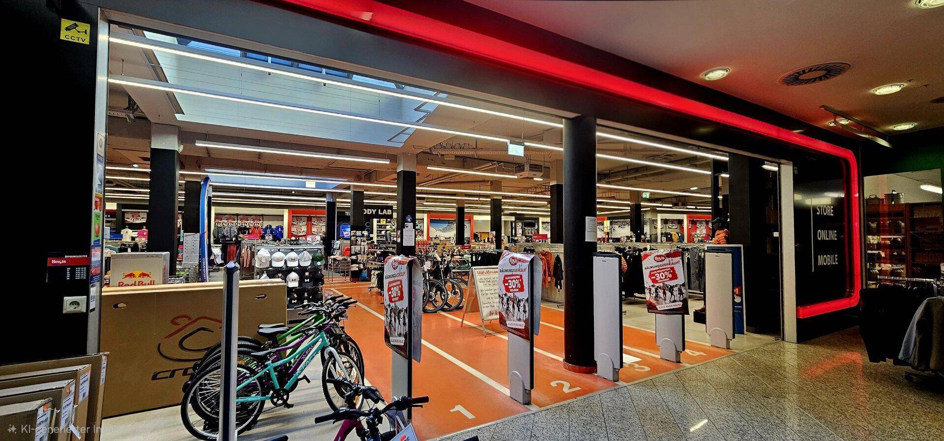 Weitläufiger Verkaufsraum mit Fahrrädern, Produktpräsentationen und einer großen Glasfront im Hintergrund.