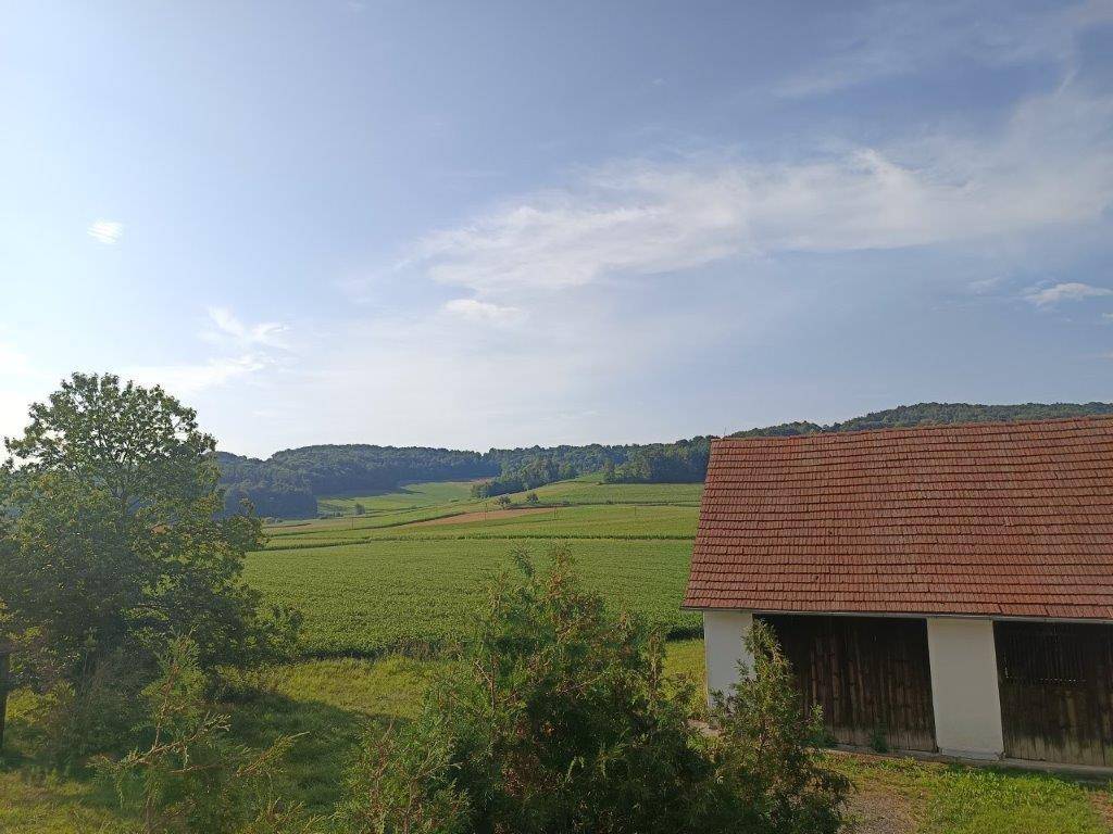 Malerischer Ausblick auf sanfte Hügel und grüne Felder unter einem weiten Himmel.