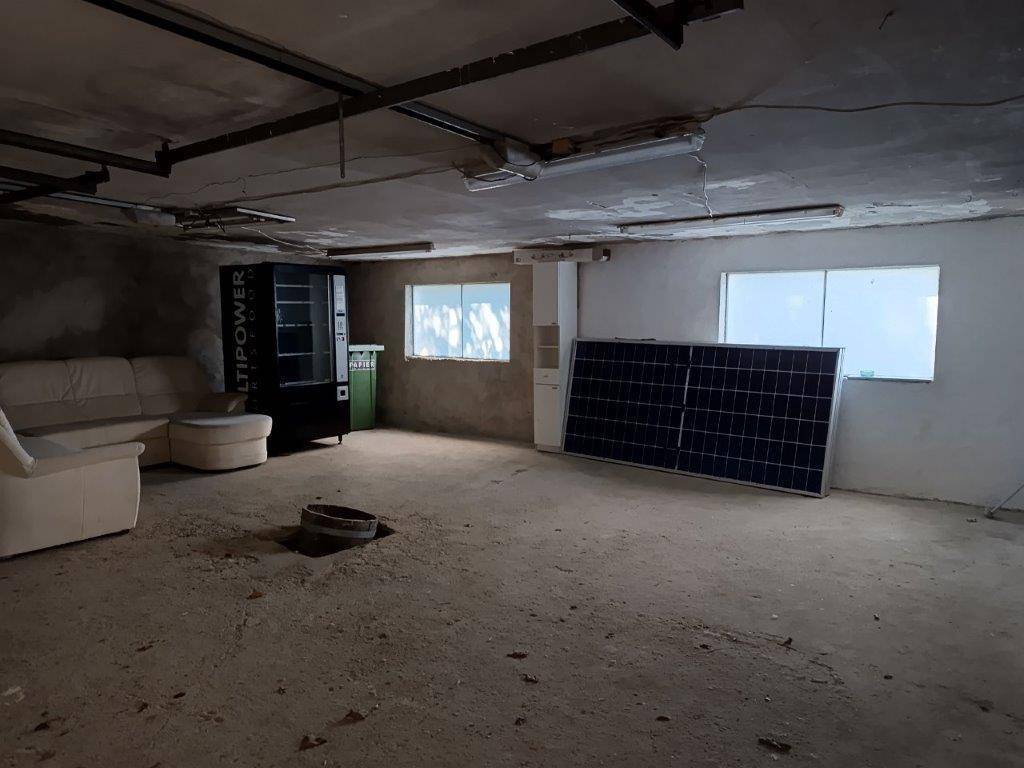 Geräumiger Kellerraum mit Betonboden, Fenstern und einem Solarmodul an der Wand.