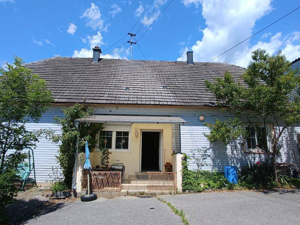 Frontale Ansicht des hinteren Eingangs mit kleiner Veranda und einem Sonnenschirm, umgeben von Grün.